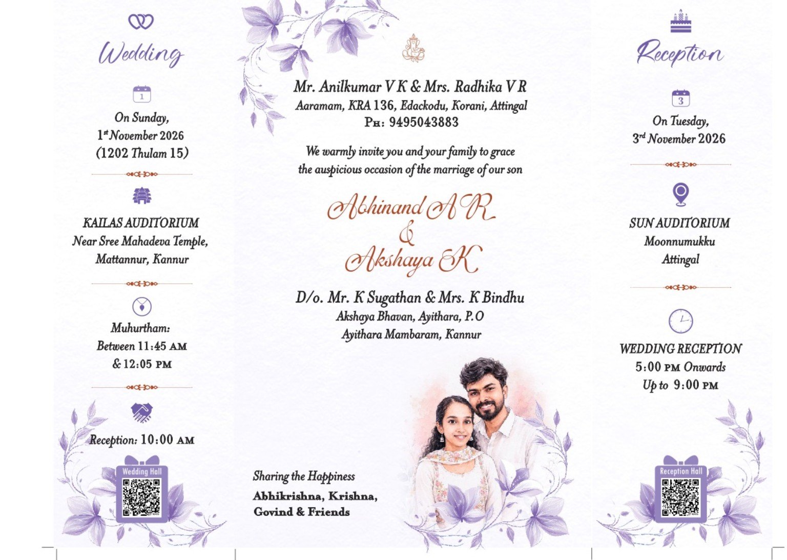 The printed wedding invitation card of Abhinand A R and Akshaya E K with wedding and reception details